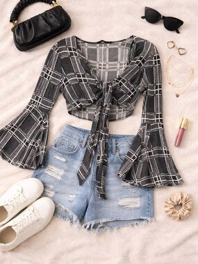 Audrey 3+1 Black & White Plaid Tie-Front Crop Top with Bell Sleeves